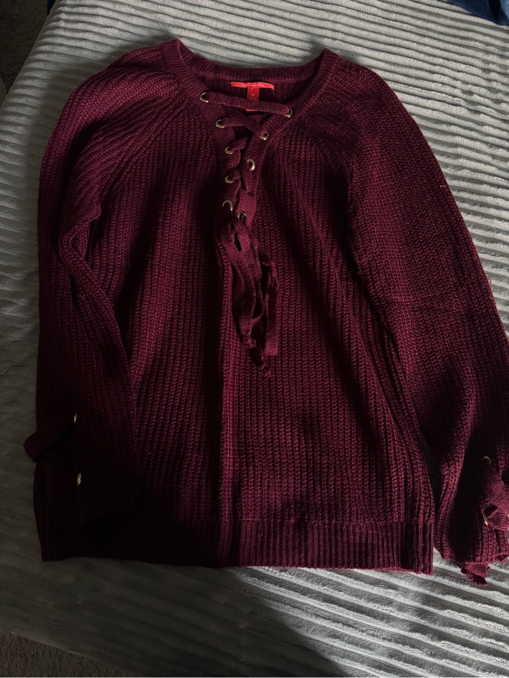 Womens Lace-Up Knit Sweater - Burgundy